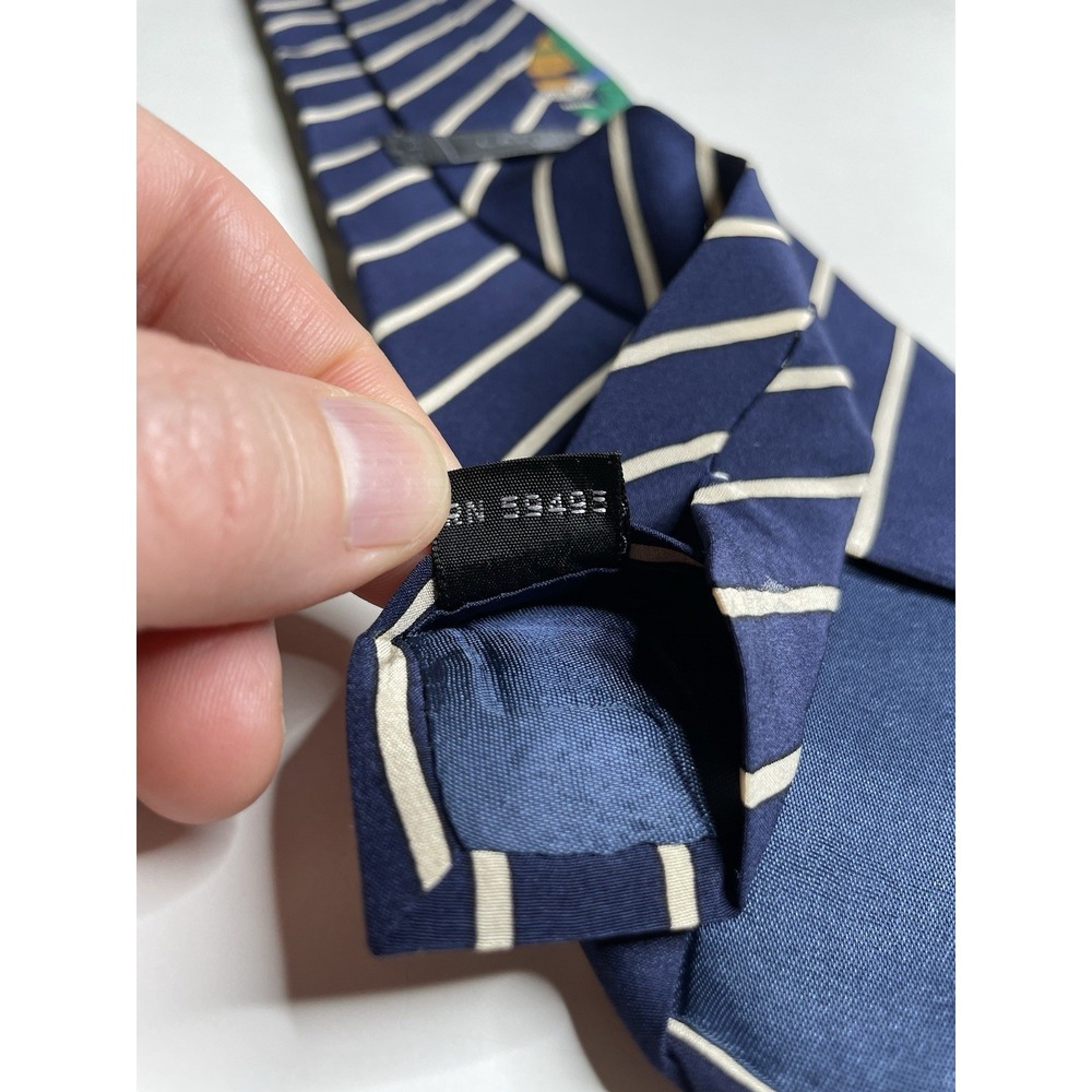 Ted Lapidus Blue White Striped Horse Racing 100% Silk Neck Tie 58" x 4" Italy - Picture 6 of 6